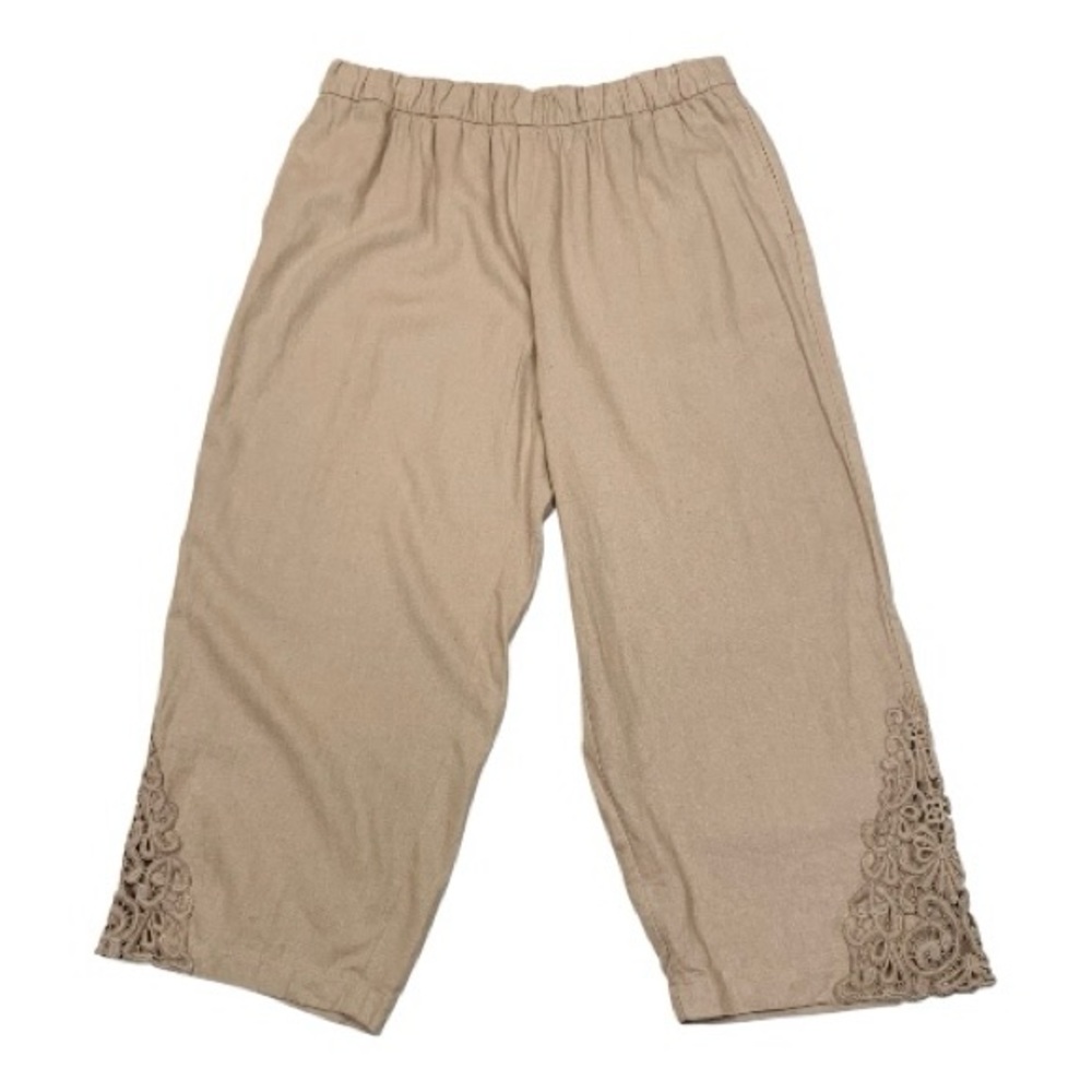 Susan Graver Beige Linen Pull On Capri Pants Lace Applique Elastic Waist Sz MP